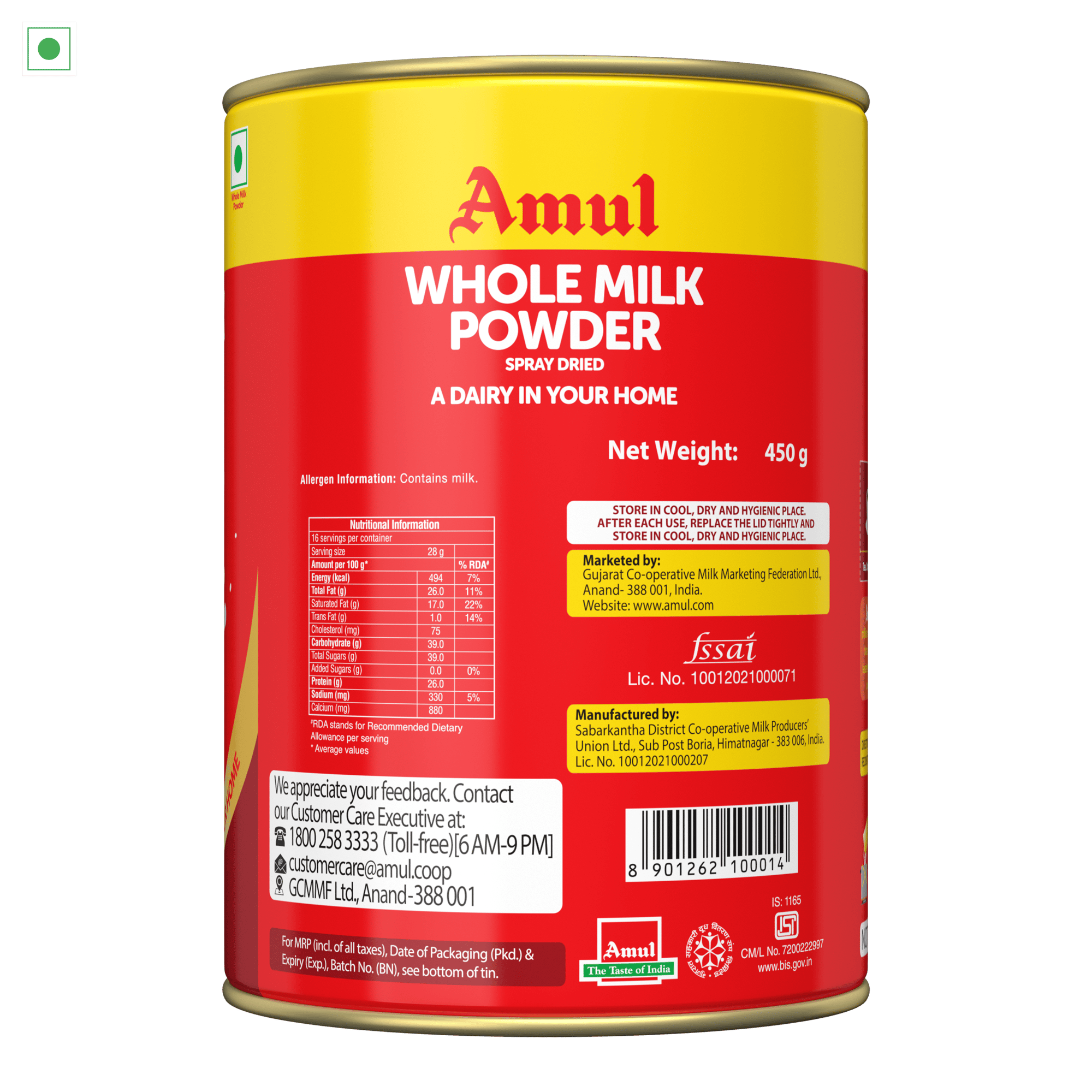 Amul Whole Milk Powder Tin, 450 g Pack of 2