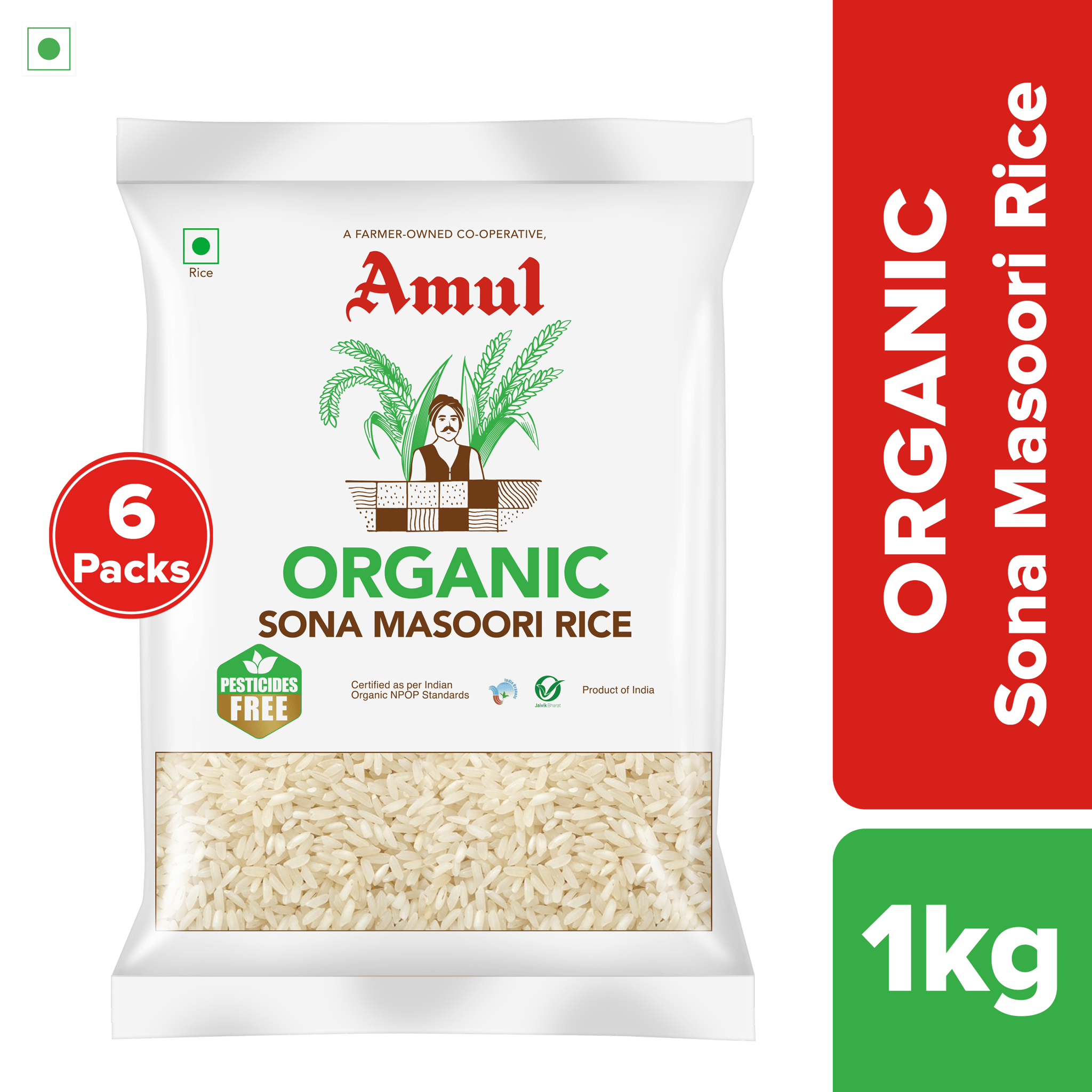 Amul Organic Sona Masoori Rice, 1 kg | Pack of 6