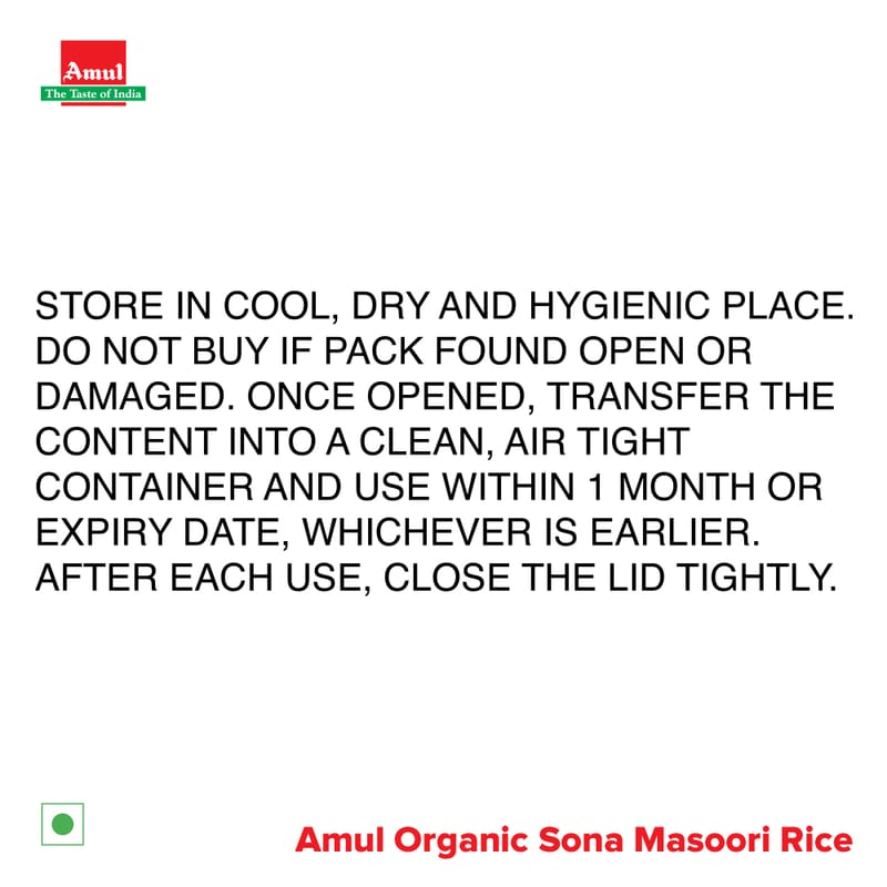 Amul Organic Sona Masoori Rice, 1 kg | Pack of 6