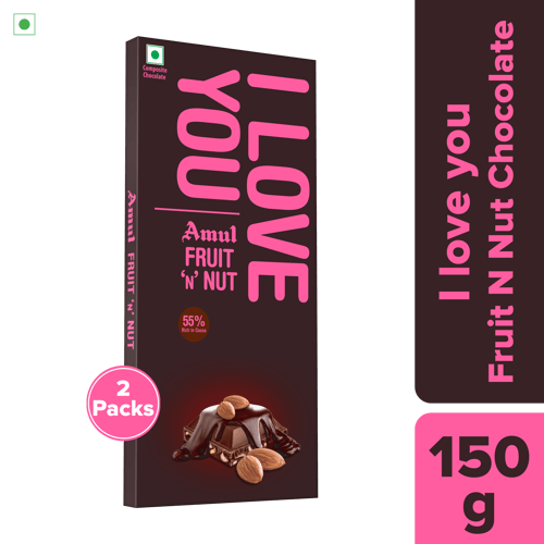 Amul Fruit n Nut 55% Dark Chocolate, 150 g | I Love You | Pack of 2