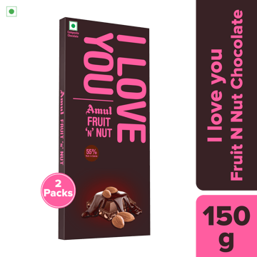 Amul Fruit n Nut 55% Dark Chocolate, 150 g | I Love You | Pack of 2 Amul Fruit n Nut 55% Dark Chocolate, 150 g | I Love You | Pack of 2