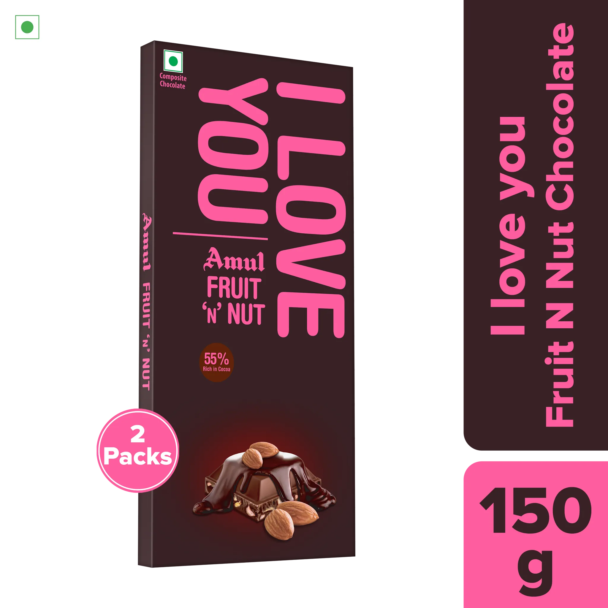 Amul Fruit n Nut 55% Dark Chocolate, 150 g | I Love You | Pack of 2