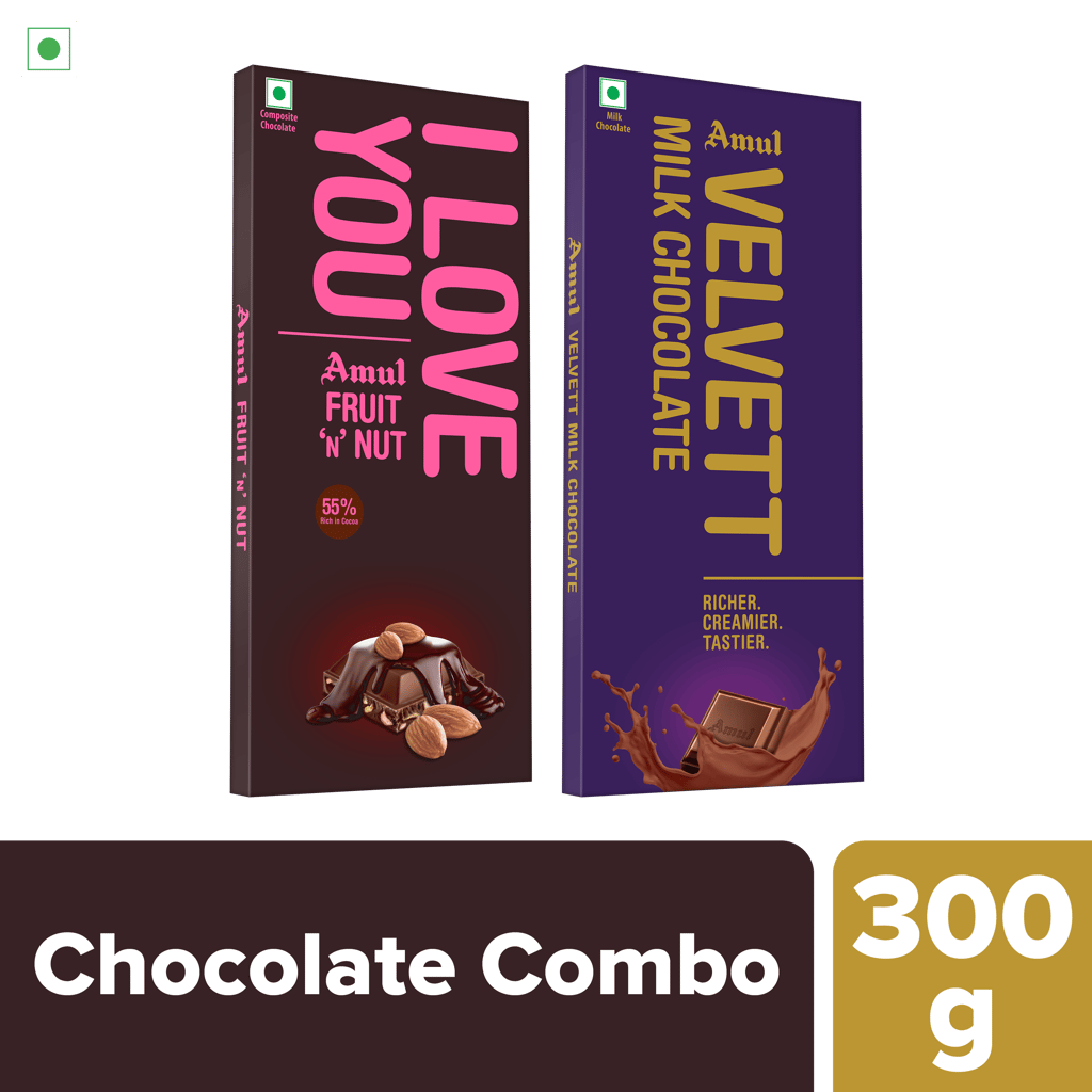 Amul Chocolate Combo | Amul Velvett Milk Chocolate, 150 g | Amul Fruit n Nut Dark Chocolate, 150 g