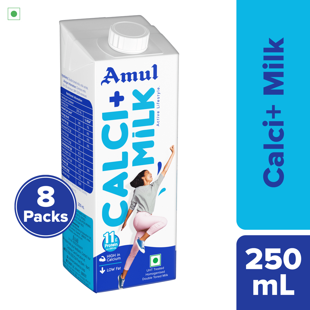 Amul Calci+ Milk, 250 mL | Pack of 8
