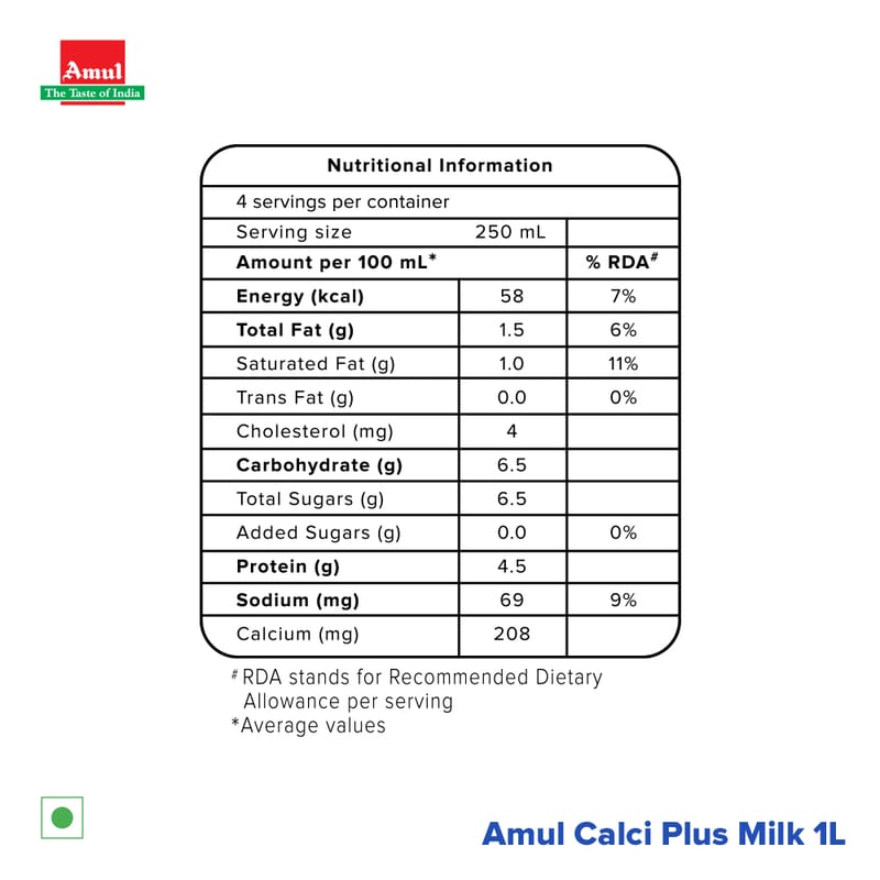 Amul Calci+ Milk, 1 L | Pack of 12