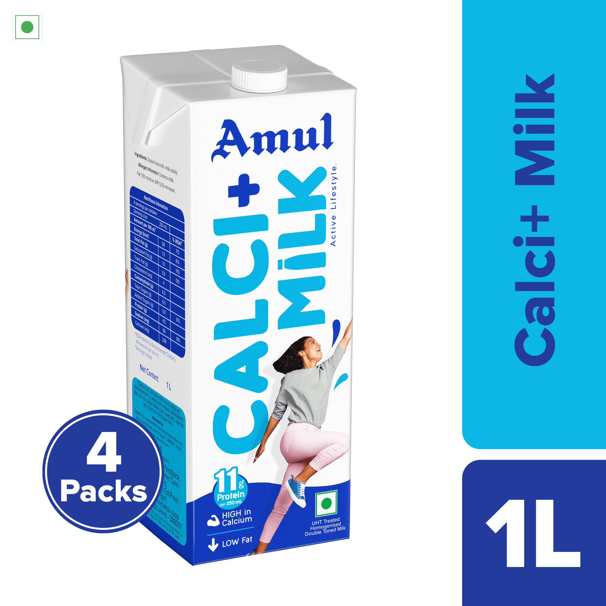 Amul Calci+ Milk, 1 L | Pack of 4