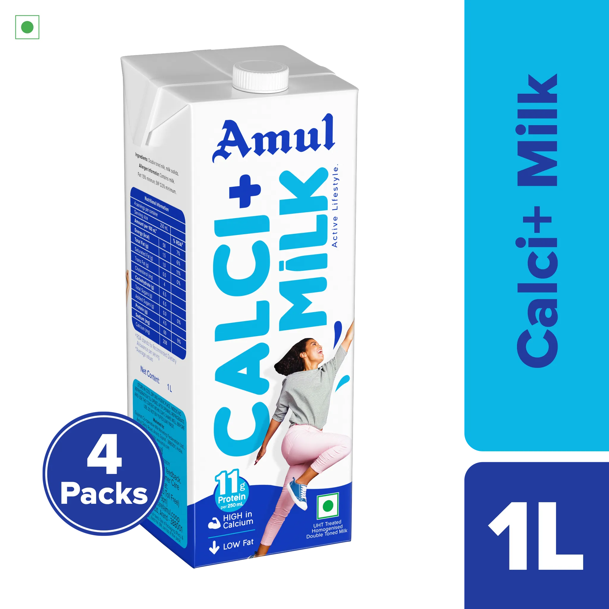 Amul Calci+ Milk, 1 L | Pack of 4