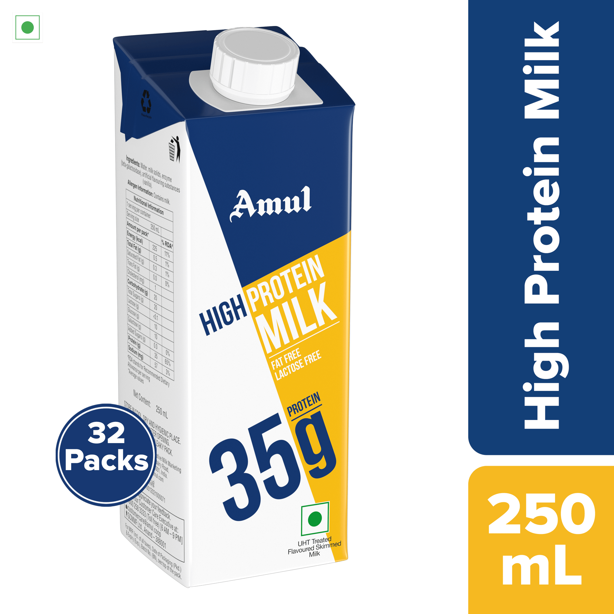 Amul High Protein Milk, 250 mL | Pack of 32