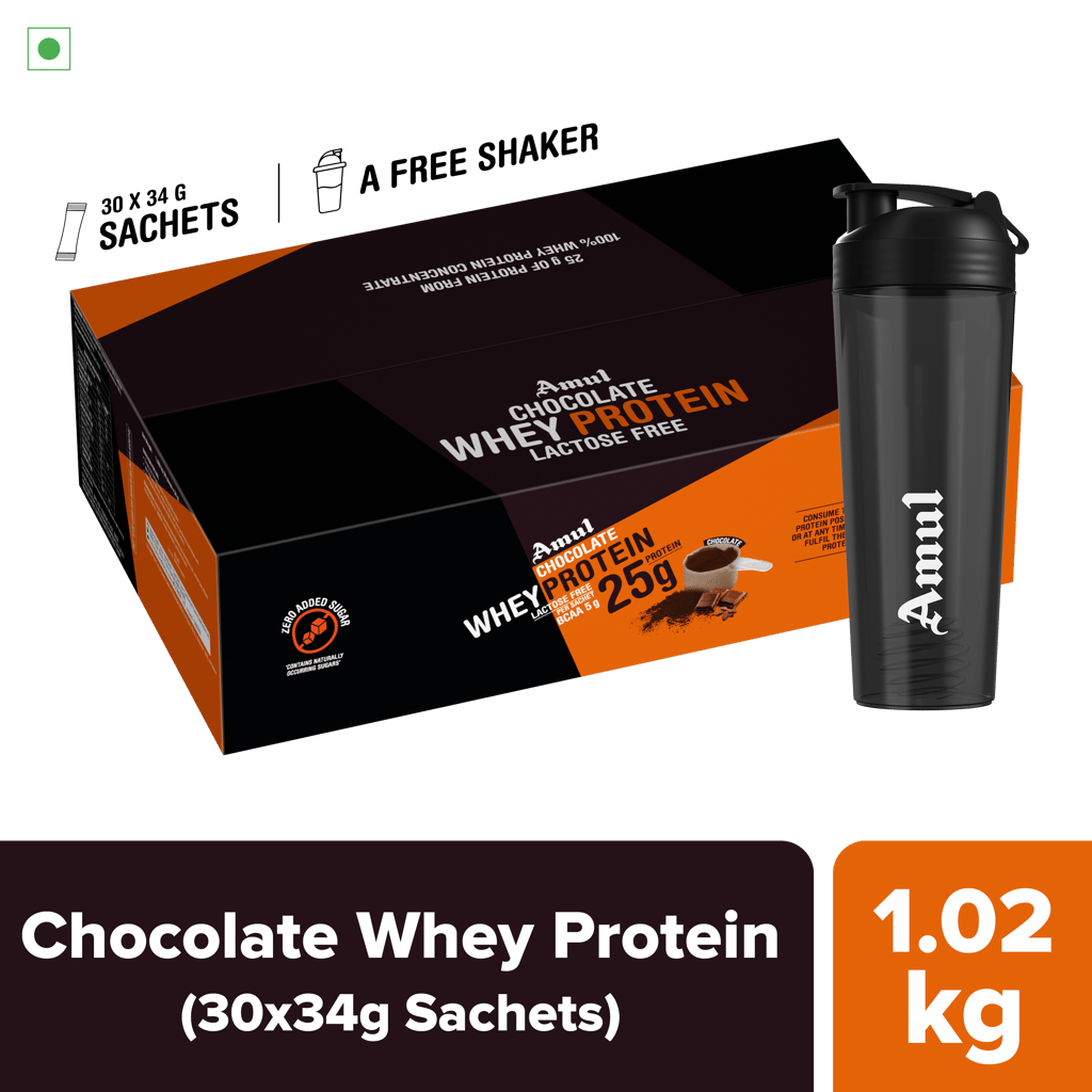 Amul Chocolate Whey Protein, 34 g | Pack of 30 sachets