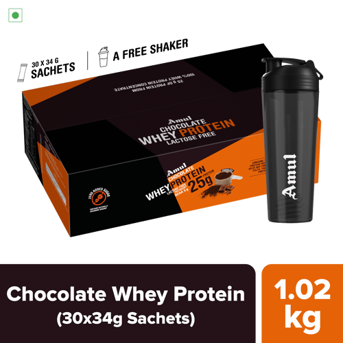 Amul Chocolate Whey Protein, 34 g | Pack of 30 sachets