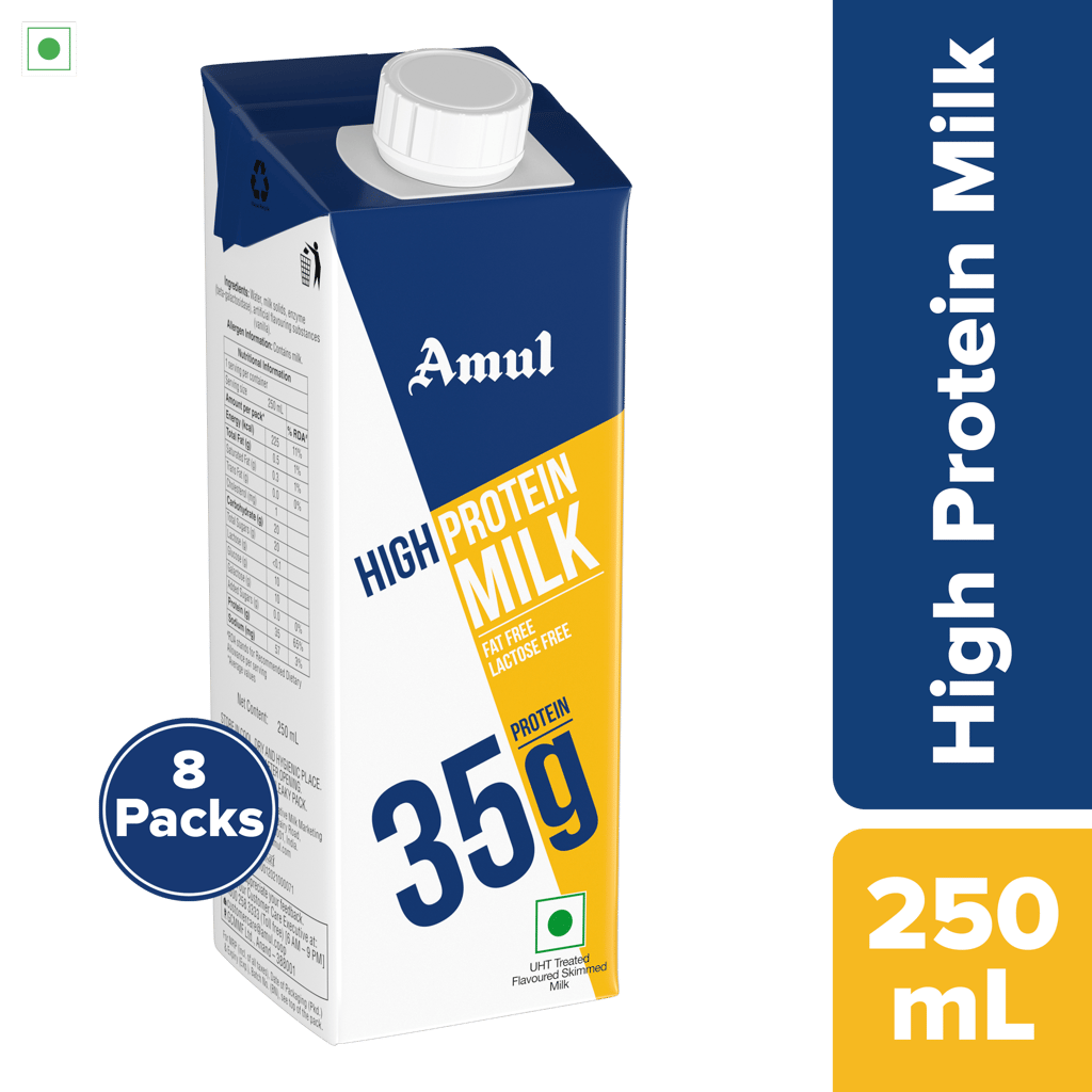 Amul High Protein Milk, 250 mL | Pack of 8
