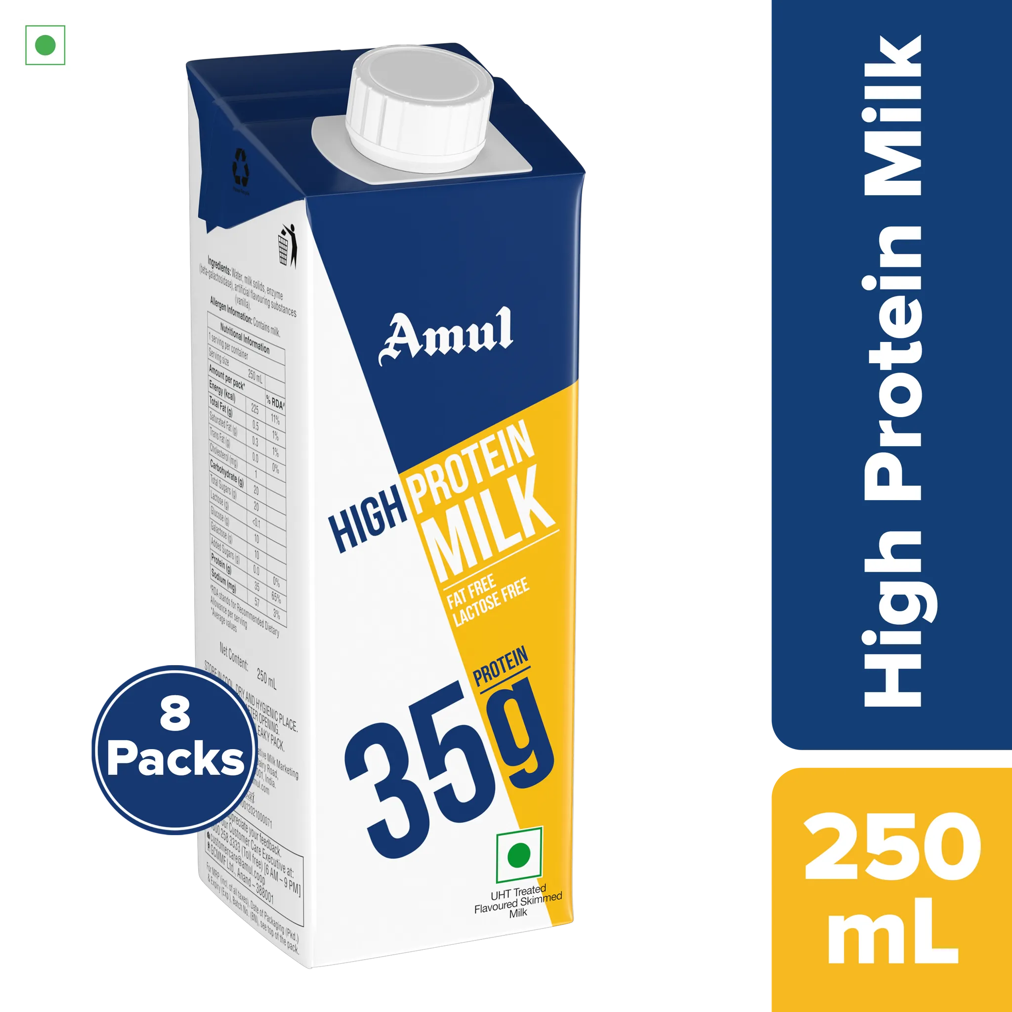 Amul High Protein Milk, 250 mL | Pack of 8