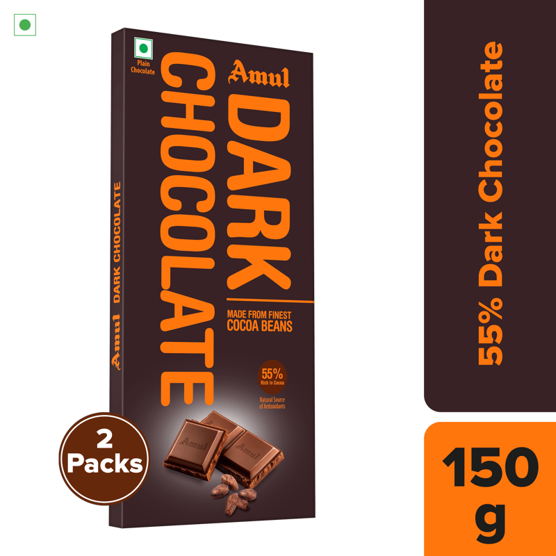 Amul 55% Dark Chocolate, 150 g | pack of 2