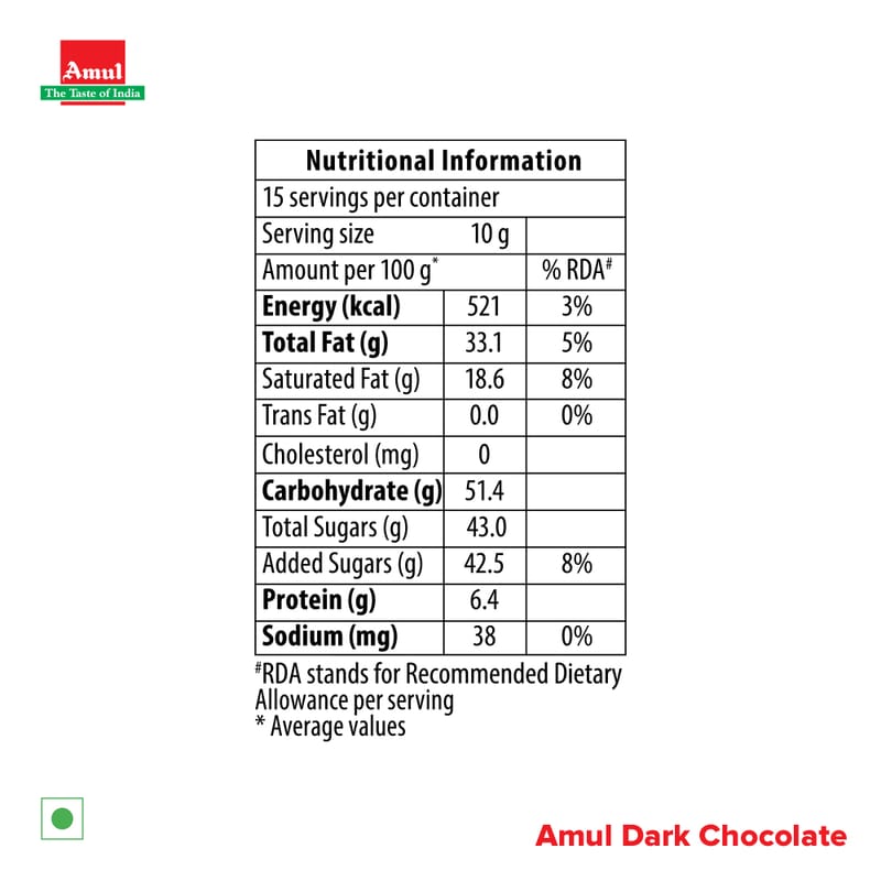 Amul 55% Dark Chocolate, 150 g | pack of 2