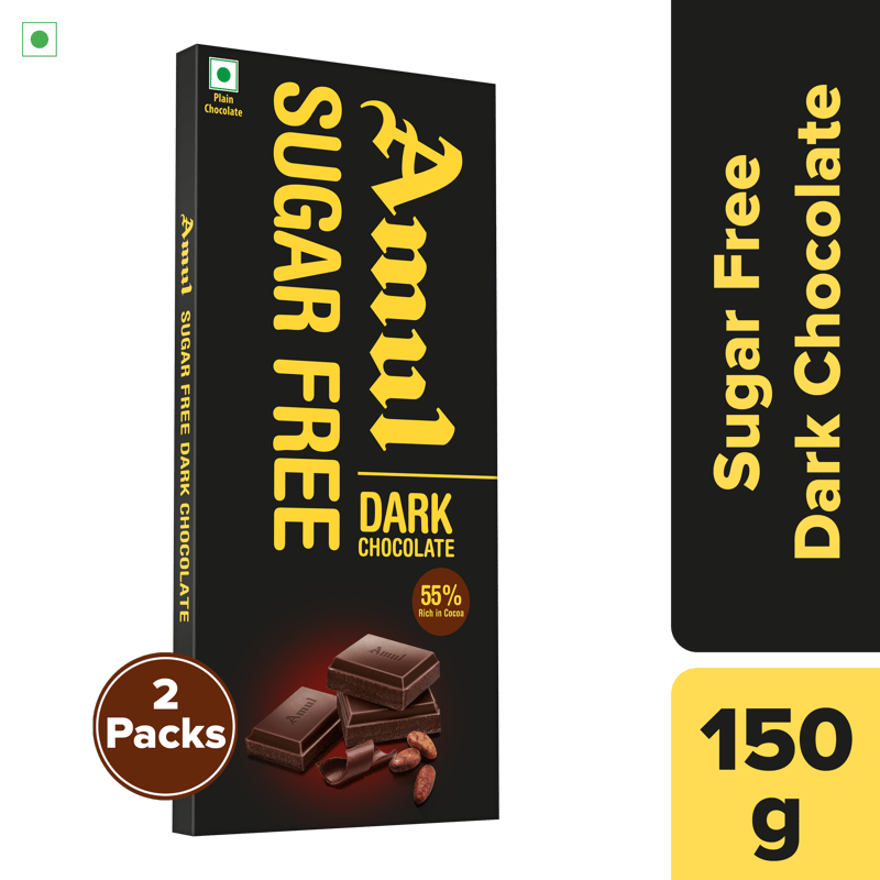 Amul Sugar Free 55% Dark Chocolate, 150 g | Pack of 2