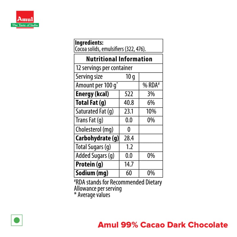 Amul 99% CACAO Dark Chocolate, 125 g | Pack of 2