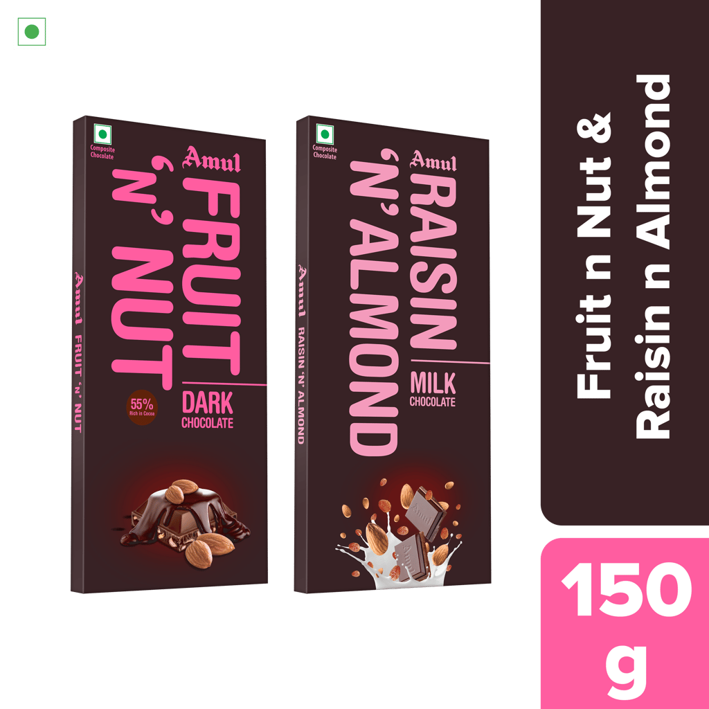 Amul Chocolate Combo | Amul Fruit n Nut Dark Chocolate, 150 g | Amul Raisin & Almond Milk Chocolate, 150 g