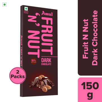 Amul Fruit n Nut 55% Dark Chocolate, 150 g | Pack of 2 Amul Fruit n Nut 55% Dark Chocolate, 150 g | Pack of 2