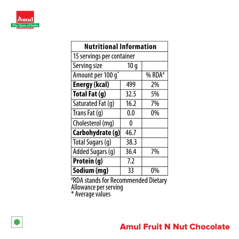 Amul Fruit n Nut 55% Dark Chocolate, 150 g | Pack of 2