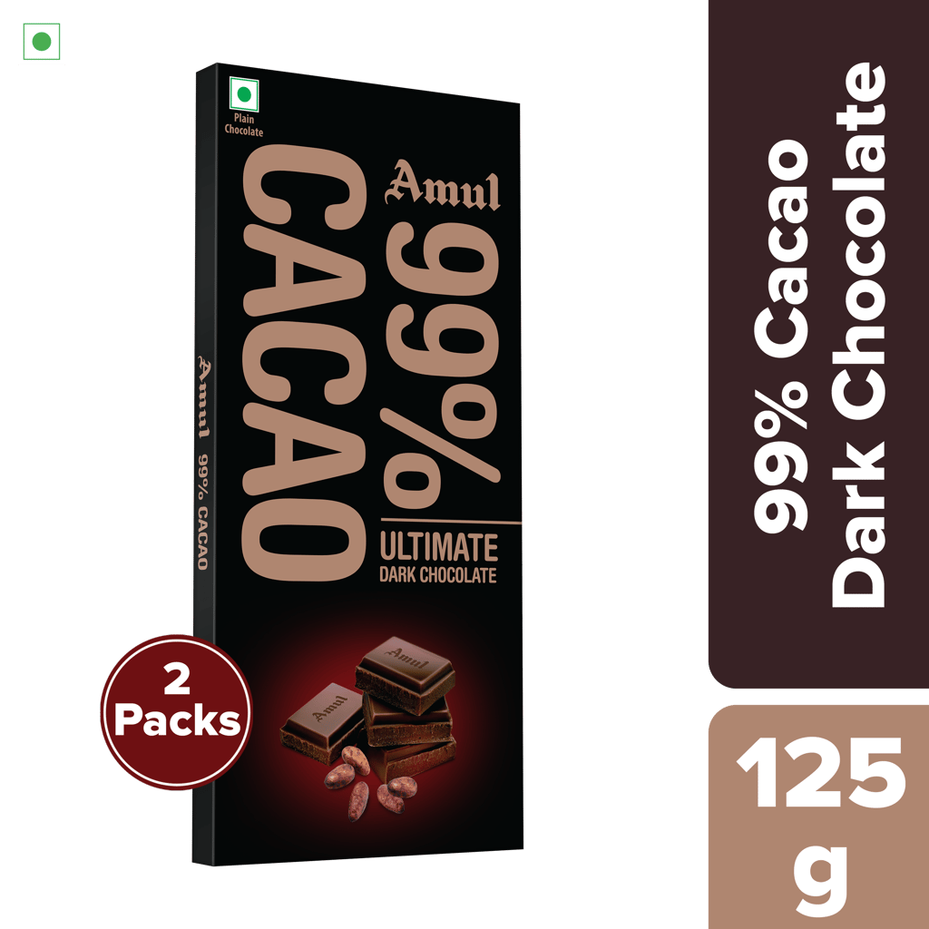 Amul 99% CACAO Dark Chocolate, 125 g | Pack of 2