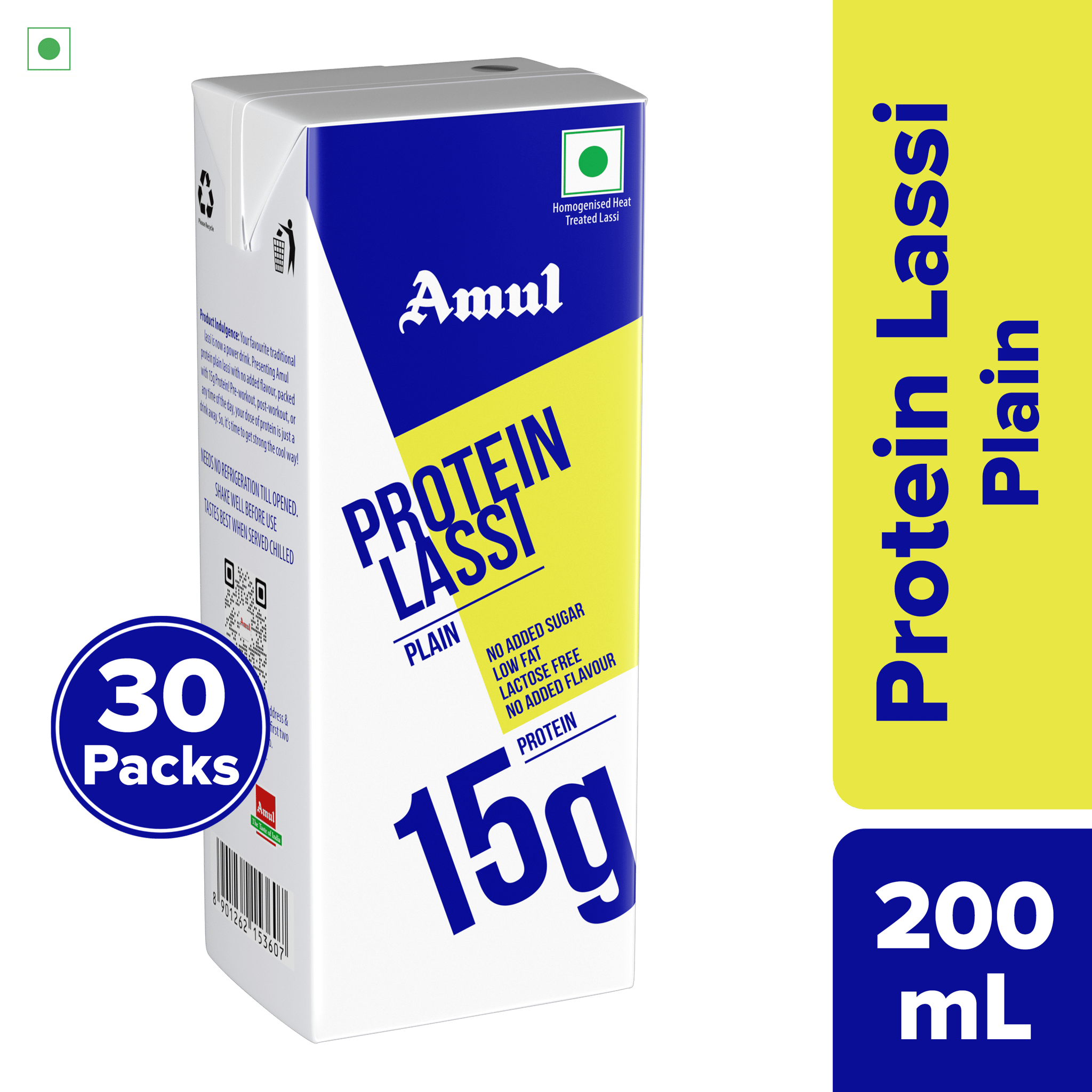 Amul High Protein Plain Lassi, 200 mL | Pack of 30