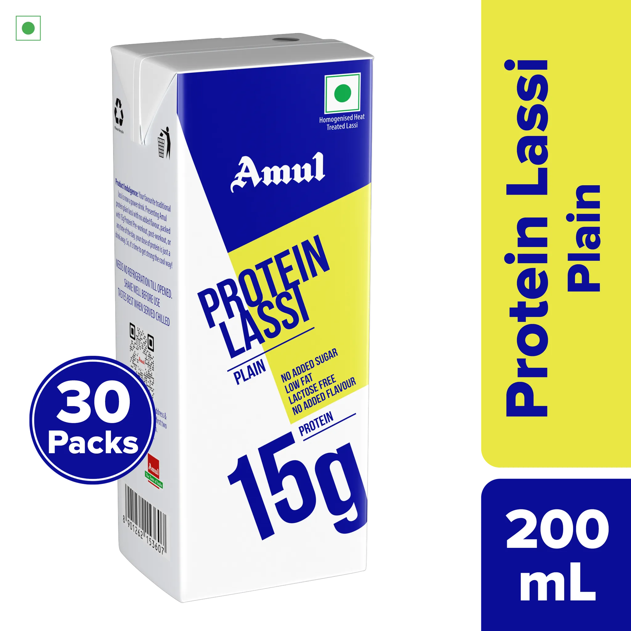 Amul High Protein Plain Lassi, 200 mL | Pack of 30