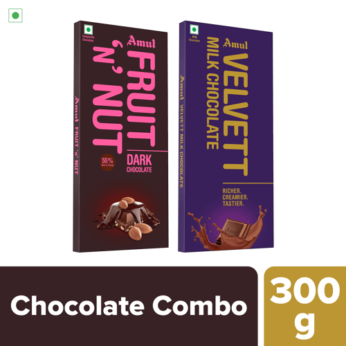 Amul Chocolate Combo | Amul Velvett Milk Chocolate, 150 g | Amul Fruit n Nut 55% Dark Chocolate, 150 g