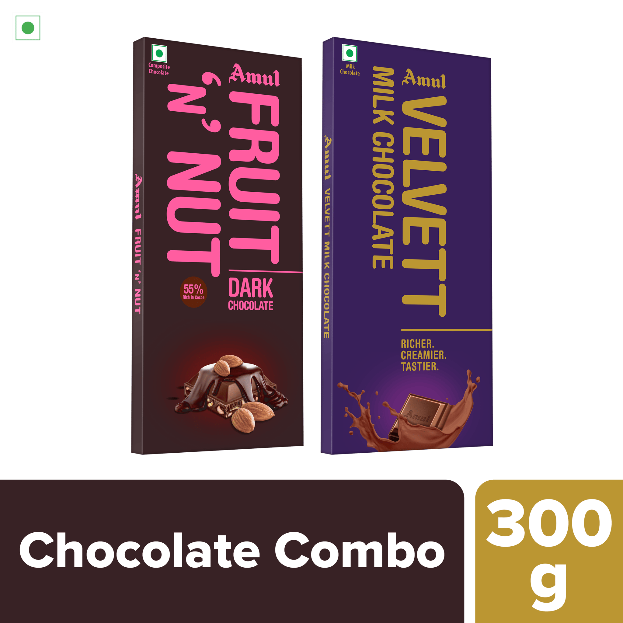 Amul Chocolate Combo | Amul Velvett Milk Chocolate, 150 g | Amul Fruit n Nut 55% Dark Chocolate, 150 g