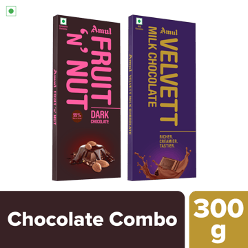 Amul Chocolate Combo | Amul Velvett Milk Chocolate, 150 g | Amul Fruit n Nut 55% Dark Chocolate, 150 g Amul Chocolate Combo | Amul Velvett Milk Chocolate, 150 g | Amul Fruit n Nut 55% Dark Chocolate, 150 g