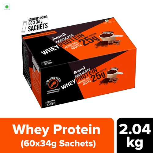 Amul Chocolate Whey Protein, 34 g | Pack of 60 sachets