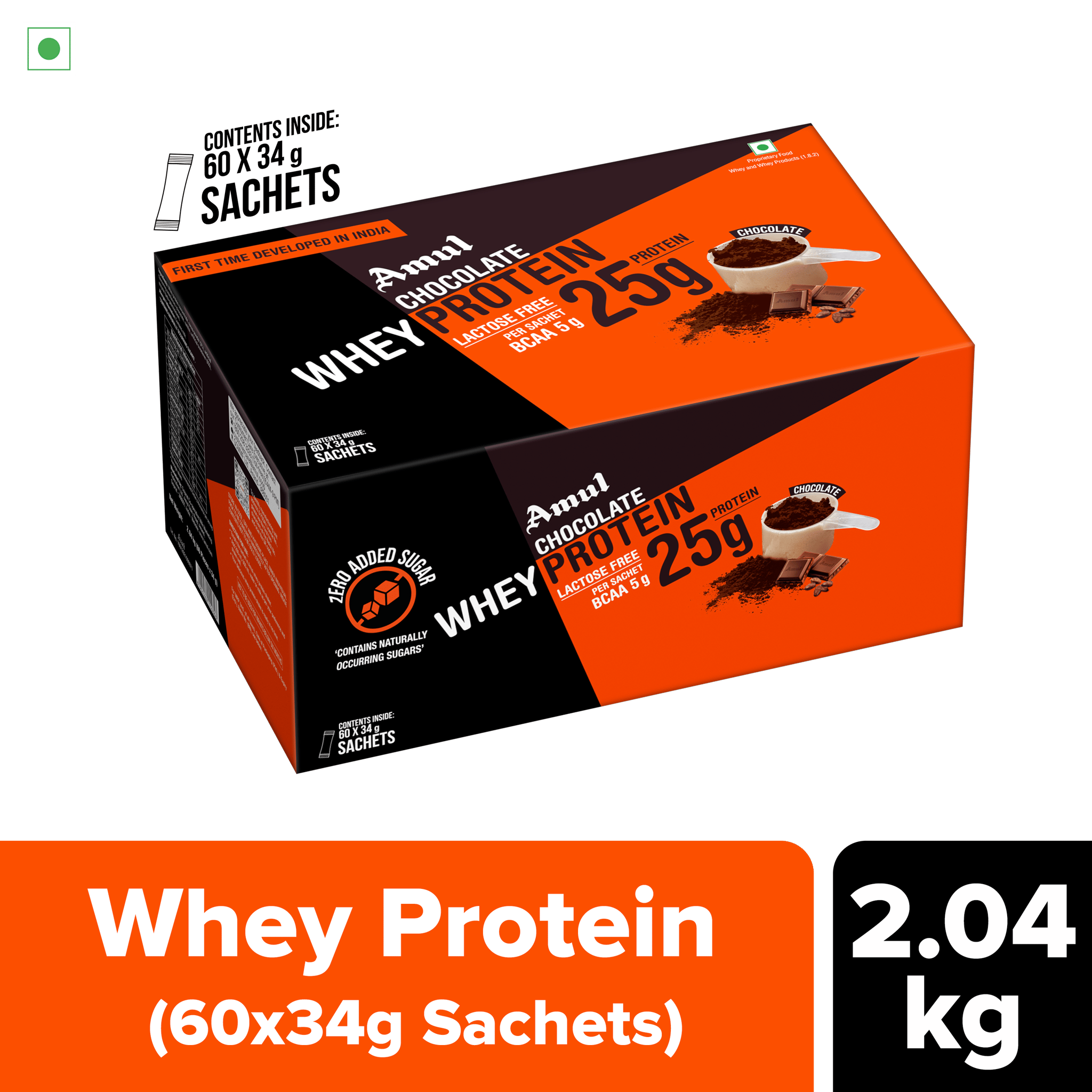 Amul Chocolate Whey Protein, 34 g | Pack of 60 sachets