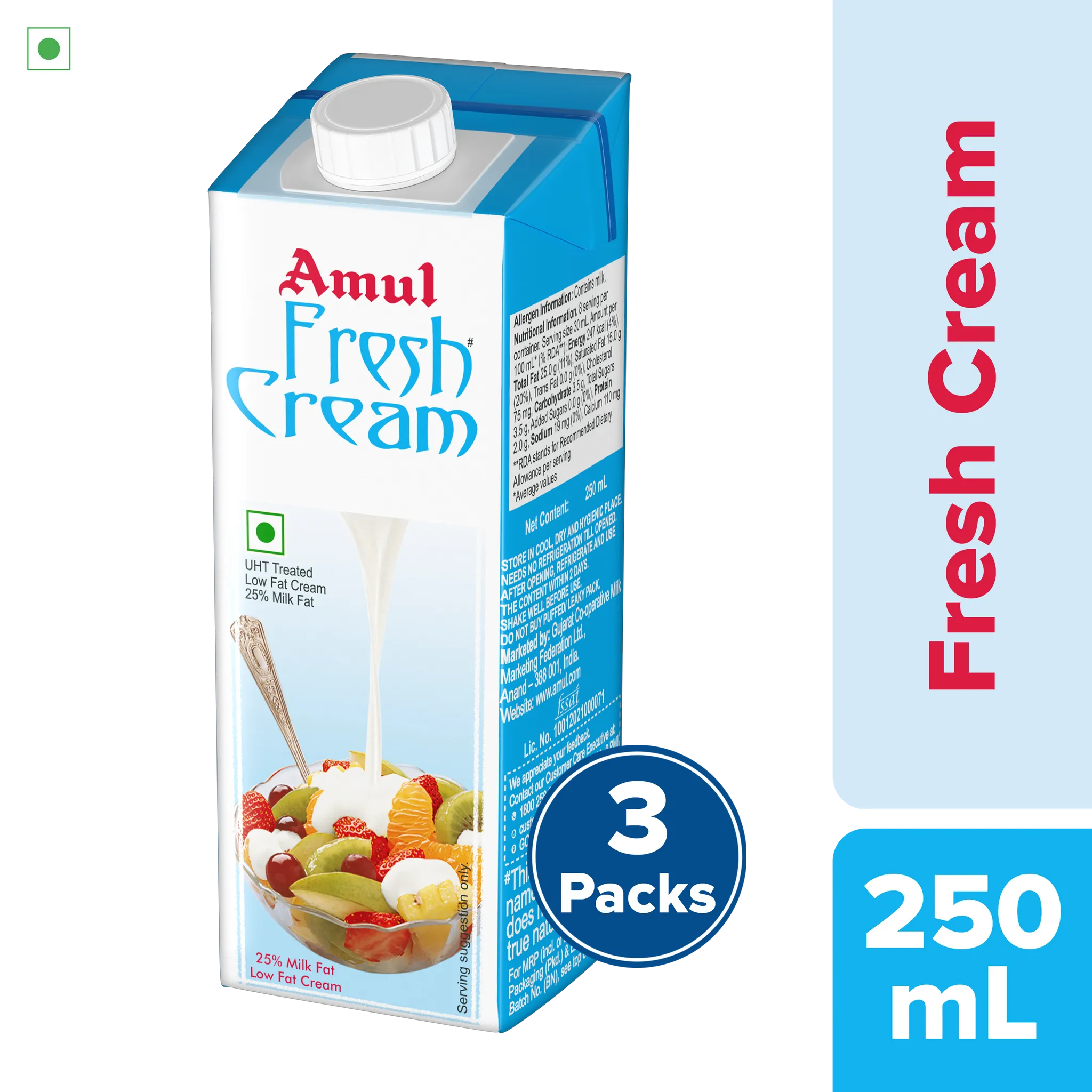 Amul Fresh Cream, 250 mL | Pack of 3
