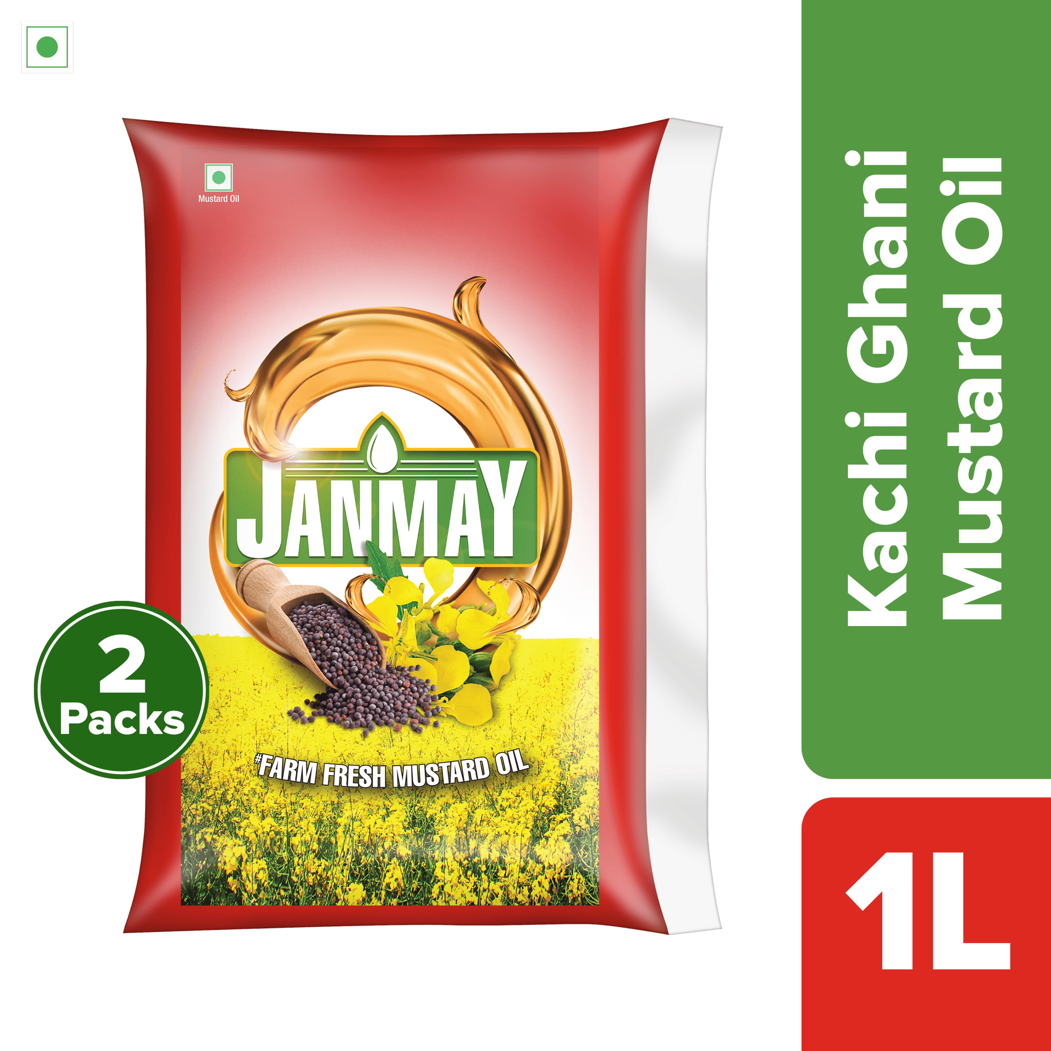 Janmay Kachi Ghani Mustard Oil Pouch, 1 L | Pack of 2