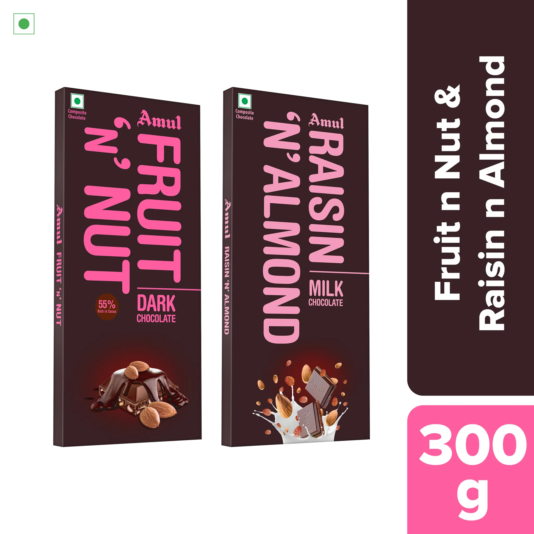 Amul Chocolate Combo | Amul Fruit n Nut 55% Dark Chocolate, 150 g | Amul Raisin & Almond Milk Chocolate, 150 g