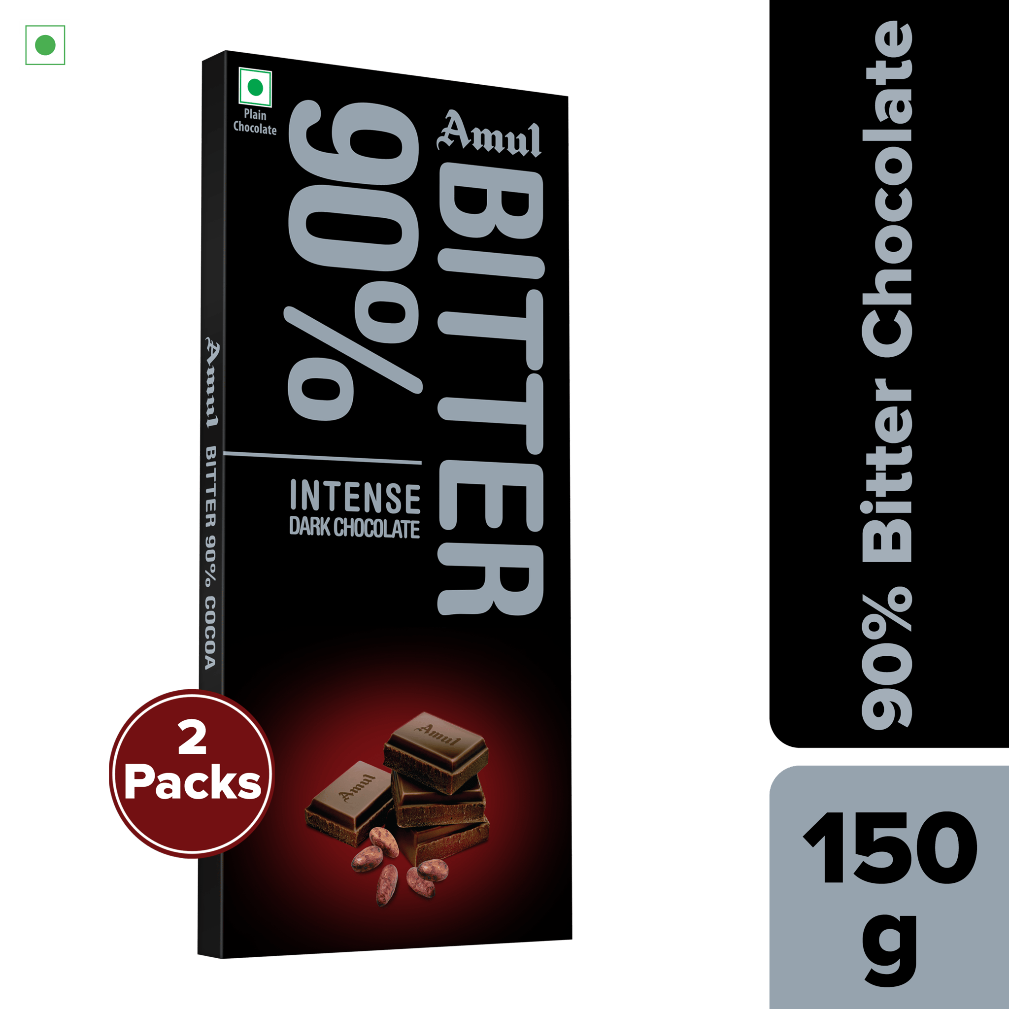Amul Bitter 90% Chocolate, 150 g | Pack of 2