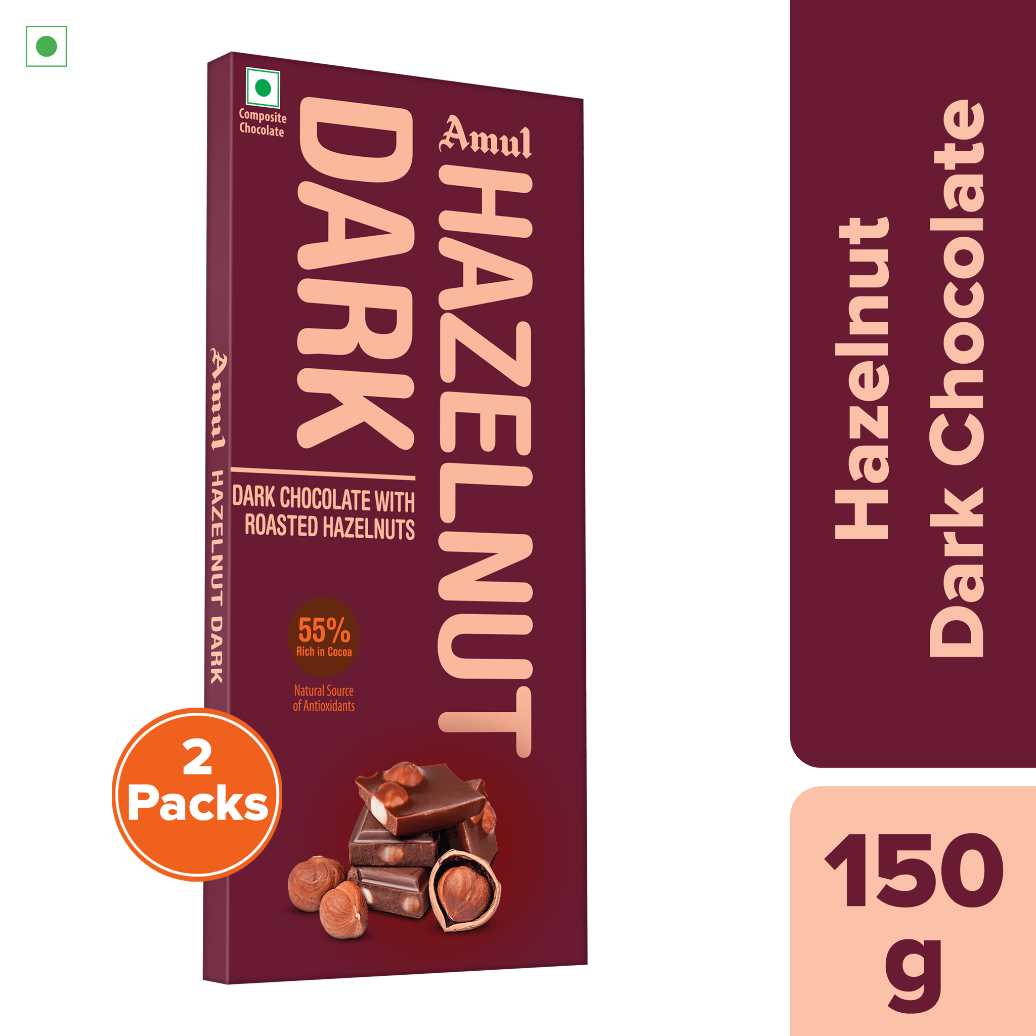 Amul Hazelnut Dark Chocolate, 150 g | Pack of 2