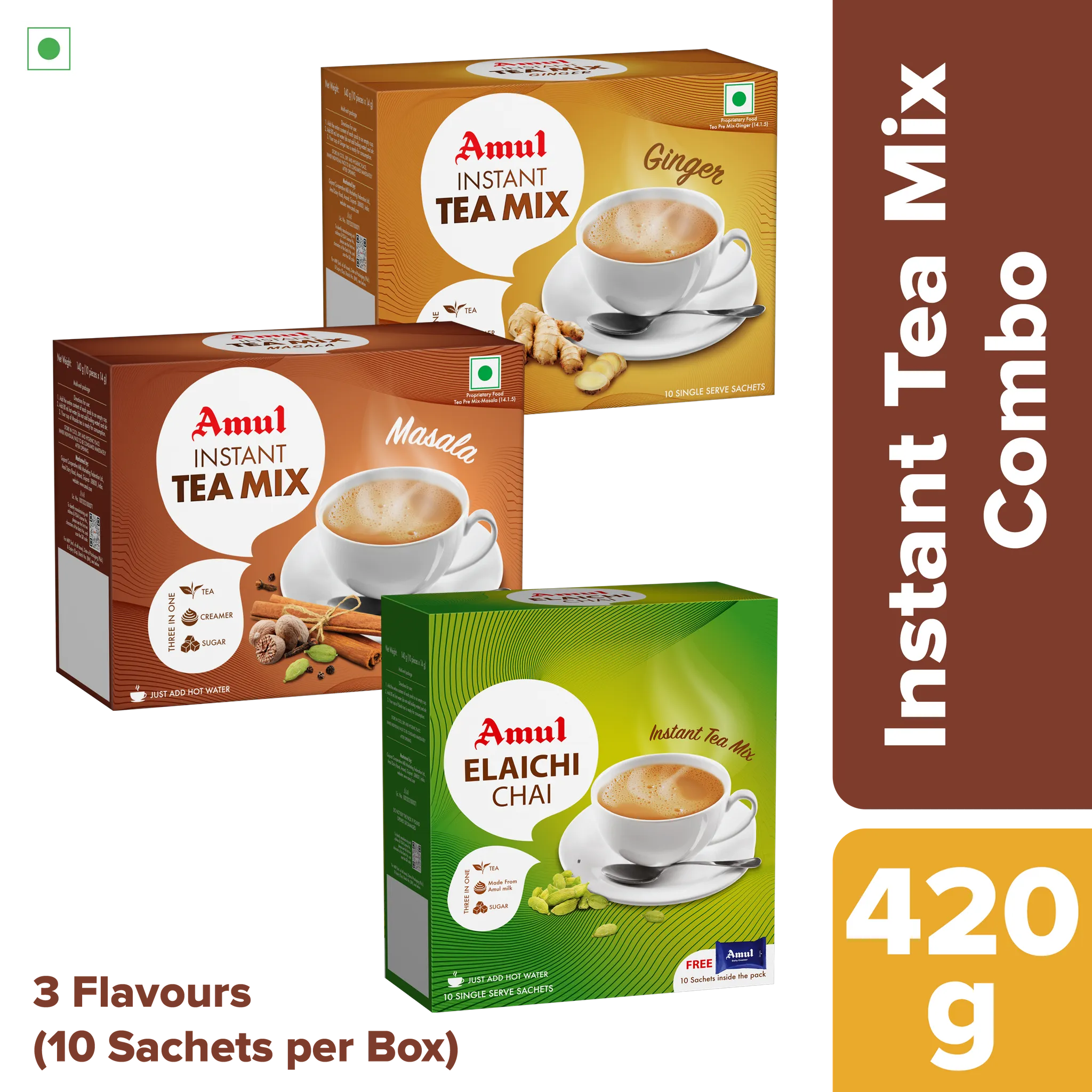 Amul Instant Tea Mix (Adrak | Masala | Elaichi), 140 g | Pack of 3