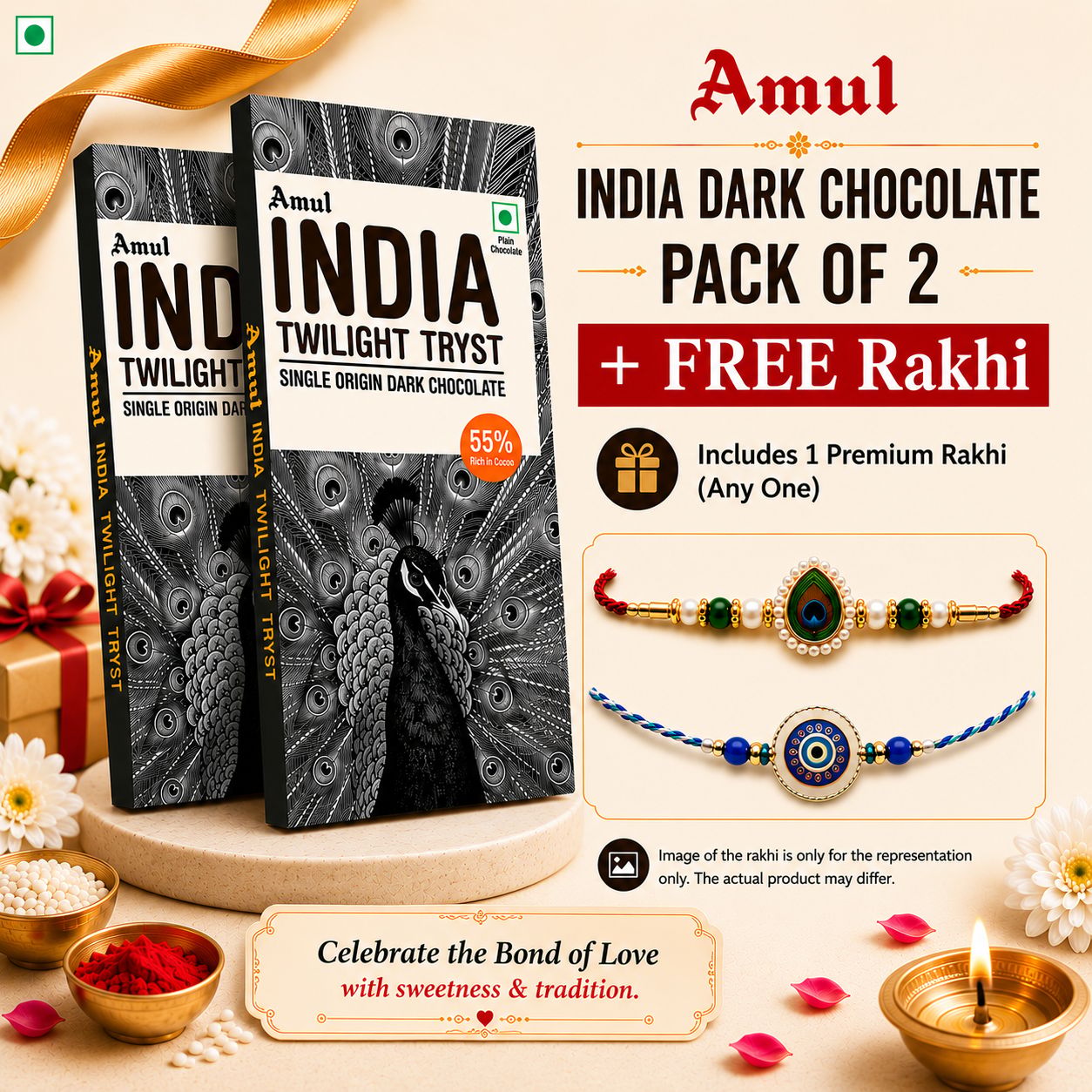 Rakhi Special | Amul India Origin Dark Chocolate, 125 g (Pack of 2) | A FREE Rakhi