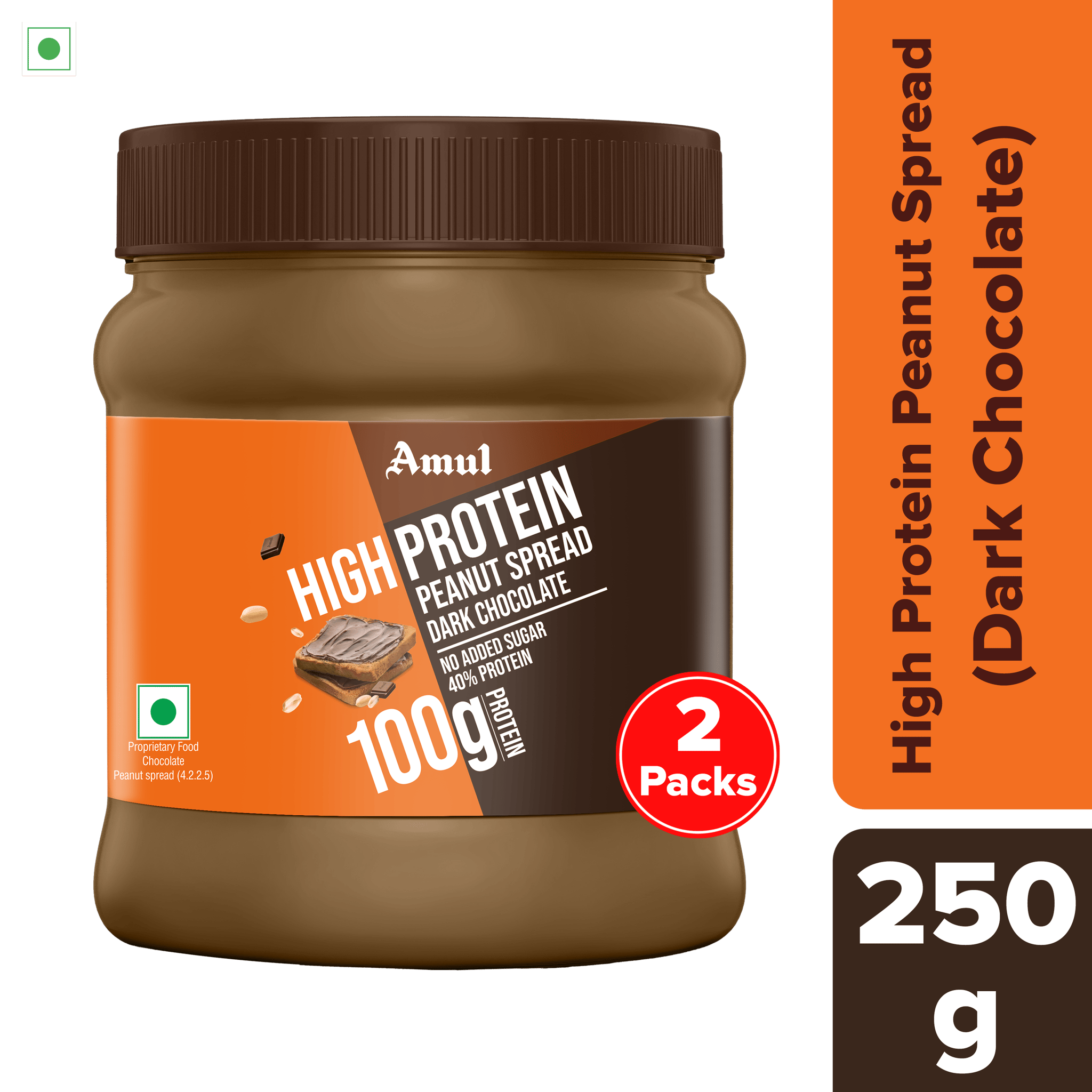 Amul High Protein Dark Chocolate Peanut Spread, 250 g | Pack of 2